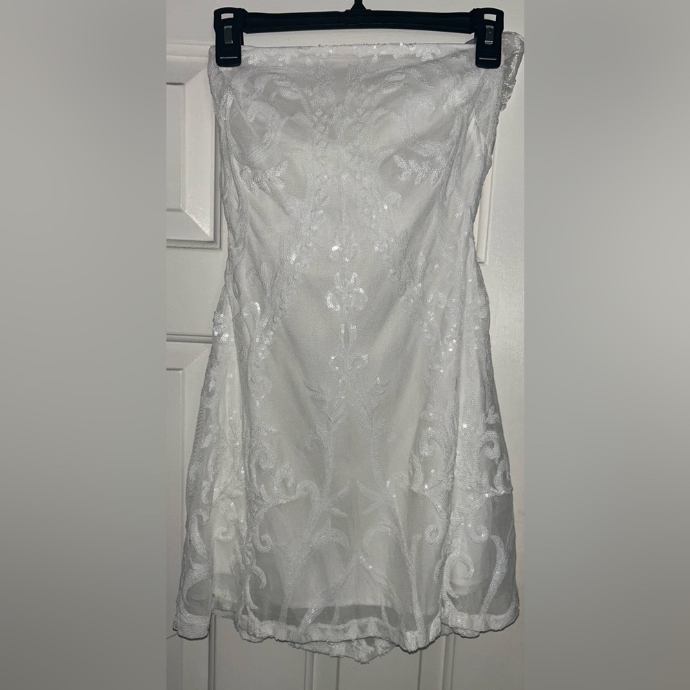 Strapless White Sequin Mesh Dress